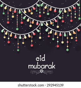 Beautiful greeting card design decorated with colorful lights and stars for famous festival of Muslim community, Eid Mubarak celebration.