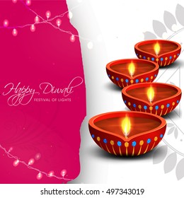 Beautiful Greeting Card design decorated with creative Oil Lamps (Diya), illuminated lights and floral decoration for Indian Festival, Happy Diwali celebration.