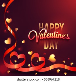 Beautiful Greeting Card design decorated with hearts made by glossy ribbon for Happy Valentine's Day celebration.
