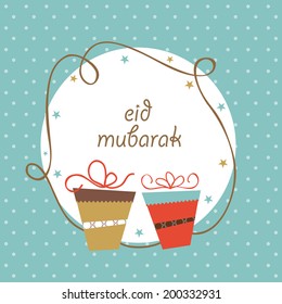 Beautiful greeting card design for Eid Mubarak celebrations with gift boxes on green background. 