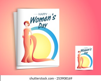 Schönes Grußkartendesign mit Umschlag und junges, modernes Mädchen auf rosafarbenem Hintergrund für die internationale Frauentag-Feier.