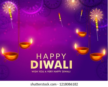 Beautiful greeting card design for festival of diwali celebration with decorated hanging diya.