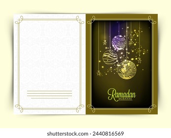 Beautiful greeting card design with floral decorated balls and stars for Islamic holy month of prayers, Ramadan Kareem celebrations.