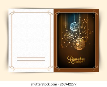 Beautiful greeting card design with floral decorated balls and stars for Islamic holy month of prayers, Ramadan Kareem celebrations.