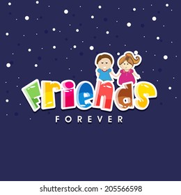 Beautiful greeting card design with glossy colorful text Friends and cute little friends on shiny stars decorated purple background. 