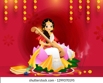 Beautiful greeting card design with goddess saraswati character in sitting pose on the occasion of Vasant Panchami.
