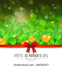Beautiful greeting card design with gold coins and shiny shamrock leaves tied by red ribbon for Happy St. Patrick's Day celebration.
