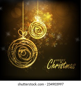 Beautiful greeting card design with golden X-mas Balls hanging on snowflakes decorated brown background for Merry Christmas celebrations.