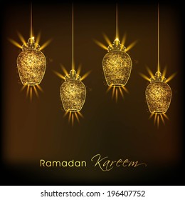 Beautiful greeting card design with hanging golden ornament on brown background for holy month of muslim community Ramadan Kareem.