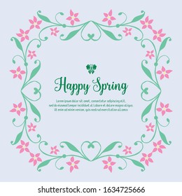 Beautiful greeting card design for happy spring, with cute leaf and floral frame. Vector