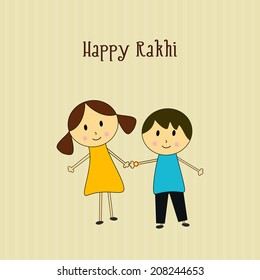 Beautiful greeting card design for Happy Rakhi celebration with cute little boy sister and brother holding hands.  