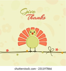 Beautiful greeting card design for Happy Thanksgiving Day celebrations with cute turkey bird design on seamless floral design decorated beige background. 