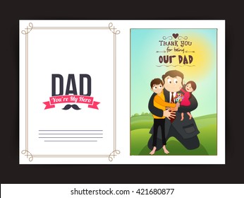 Beautiful Greeting Card design with illustration of a man holding his children on nature background for Happy Father's Day celebration.