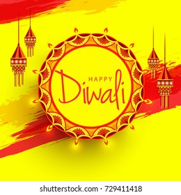 Beautiful Greeting Card Design For Indian Festival Of Diwali,Decorated Burning Diya.