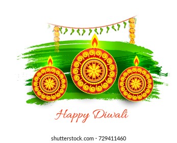 Beautiful Greeting Card Design For Indian Festival Of Diwali,Decorated Burning Diya.