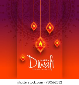 Beautiful Greeting Card Design For Indian Festival Of Diwali,Decorated Burning Diya.