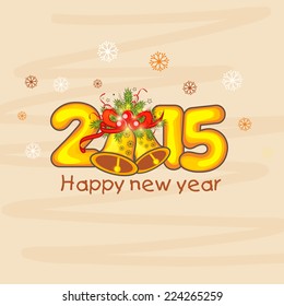 Beautiful greeting card design with jingle bells and golden text on snowflakes decorated beige background for Happy New Year celebrations. 