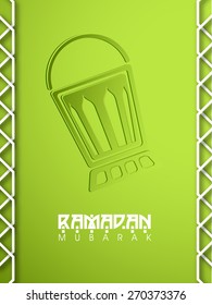 Hermoso diseño de tarjetas de felicitación con linterna sobre fondo verde brillante para el sagrado mes islámico de oraciones, Ramadan Kareem. 