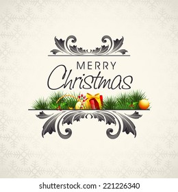 Beautiful greeting card design for Merry Christmas celebration decorated with gift boxes, fire trees and floral decorated frame on beige background. 