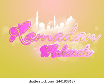 Beautiful greeting card design with mosque on background for holy month of Muslim community, Ramadan Mubarak celebration.