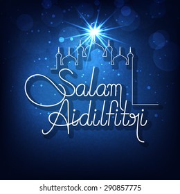 Beautiful greeting card design with mosque and stylish text Salam Aidilfitri on shiny blue background for Islamic holy festival, Eid celebration.