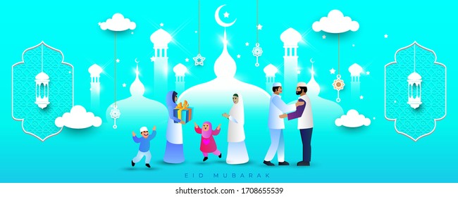 Beautiful Greeting Card design for Muslim Community Holy Festival celebration. Happy muslim community give gifts, charity and congratulate each other. Eid al-Fitr greeting card vector