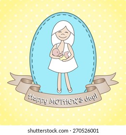Beautiful greeting card design with nursing woman for Happy Mother's Day celebration.