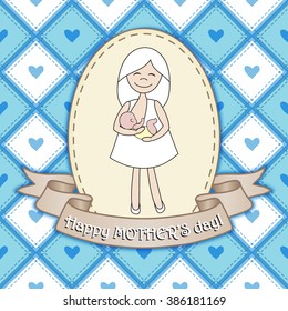 Beautiful greeting card design with nursing woman for Happy Mother's Day celebration. Vector illustration.