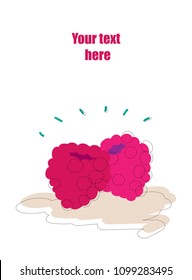 Beautiful greeting card design with red and pink raspberries on white background; hand drawn illustration; your text here; graphic art