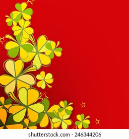 Beautiful greeting card design with shamrock leaves on red background for Happy St. Patrick's Day celebration.