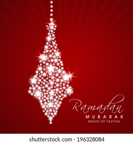 Beautiful greeting card design with shiny decorative light hanging on maroon background for celebrations of Ramadan Mubarak. 