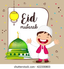 Beautiful Greeting Card Design showing kid or Muslim boy happiness on the occasion of Eid Mubarak on decorative background.
