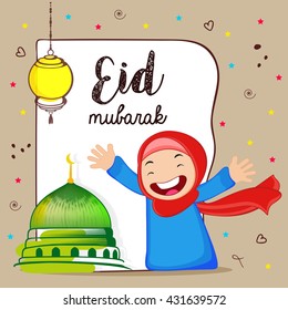 Beautiful greeting card design showing cute girl or kid's happiness on the occasion of Id on decorative background.
