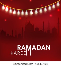 Beautiful greeting card design with silhouette of mosque in shiny night background for Ramadan Kareem celebrations. 