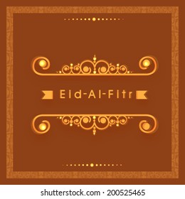 Beautiful greeting card design with stylish text Eid-Al-Fitr on golden frame decorated brown background. 