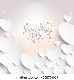 Beautiful greeting card design with white paper hearts on glossy background for Valentine's Day.