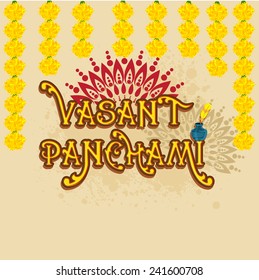Beautiful greeting card design with yellow text Vasant Panchami and flowers on floral decorated background.