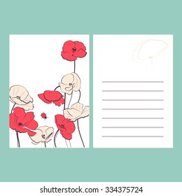 Beautiful greeting card with different poppy flowers in beige and red colors on white background. Can be used as creating card, invitation card for wedding and other holiday background.