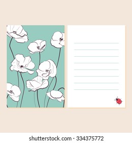 Beautiful greeting card with different white poppy flowers on aquamarine background with little ladybug. Can be used as creating card, invitation card for wedding and other holiday background.