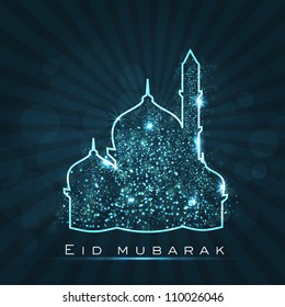 Beautiful greeting card for Eid Mubarak festival with shiny Mosque and Masjid image. EPS 10.
