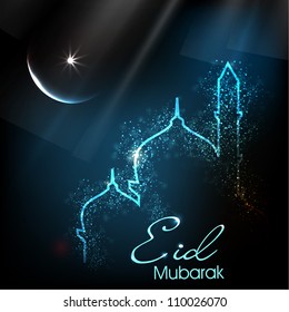Beautiful greeting card for Eid Mubarak festival with shiny Mosque and Masjid image. EPS 10.