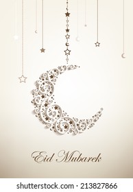 Beautiful greeting card for Eid Mubarak festival , Crescent moon decorated with stars on white background for muslim community festival Eid Mubarak celebrations.  
