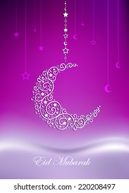 Beautiful greeting card for Eid Mubarak festival , Crescent moon decorated with stars on purple background for muslim community festival Eid Mubarak celebrations.