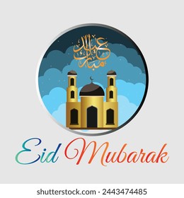 Beautiful greeting card for Eid Mubarak festival with shiny Mosque and Masjid image with different gradient.