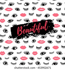 Beautiful greeting card, fashion poster. Hand drawn eye, pink lips doodles seamless pattern in retro style. Vector beauty illustration of open and close eyes for cards, textiles, backgrounds.