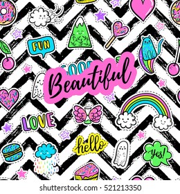 Beautiful greeting card, fashion poster. Hand drawn fashion pink color patches: rainbow, doughnut, cat, macaron, cake, lollipop seamless pattern. Vector pop art sticker, patches pin 80s-90s style