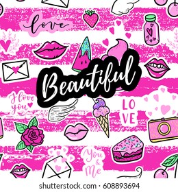 Beautiful greeting card, fashion poster. Hand drawn fashion pink color patches: rainbow, doughnut, cat, macaron, cake, lollipop seamless pattern. Vector pop art sticker, patches pin 80s-90s style.