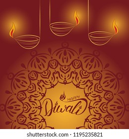 Beautiful greeting card for festival Diwali. Hand drown lettering with fire. Happy diwali festival background illustration. Card design for Diwali festival with lamps and beautiful round ornament.