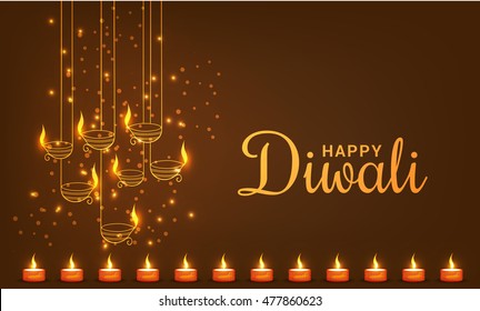 Beautiful greeting card for festival of diwali celebration with decorated hanging diya.