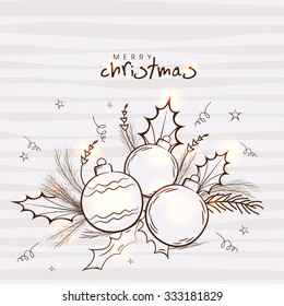 Beautiful greeting card with fir tree branches and Xmas Balls on stars decorated background for Merry Christmas celebration.